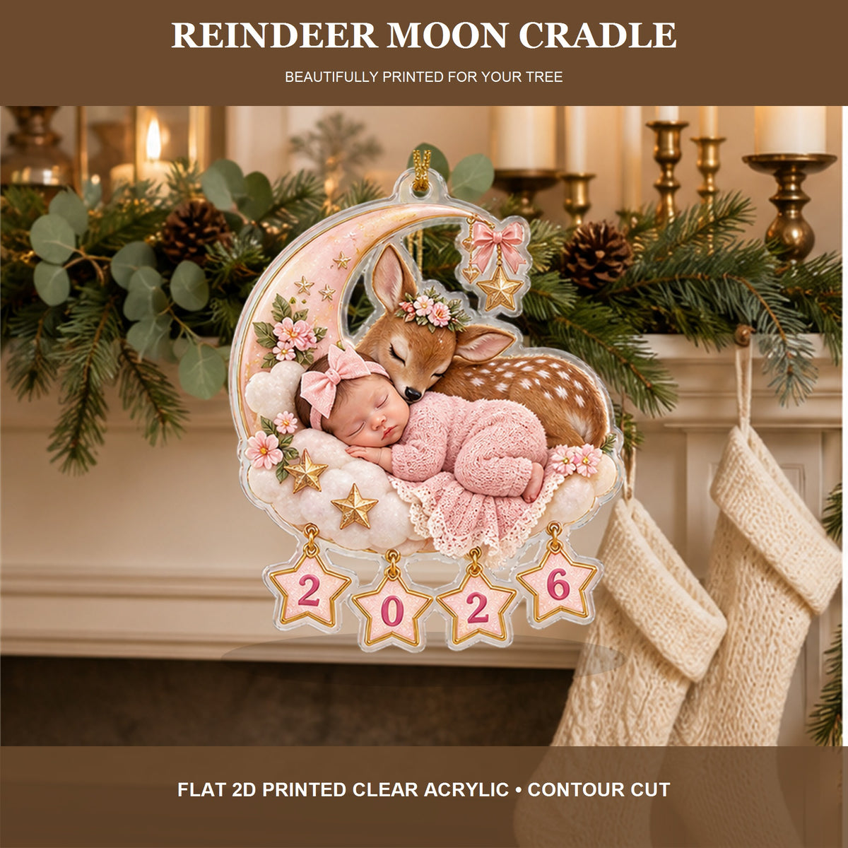 Personalized Reindeer Moon Cradle Baby 2026 Photo Ornament - Custom Acrylic Christmas Keepsake - image 4