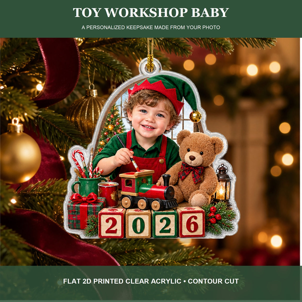 Personalized Toy Workshop Baby 2026 Photo Ornament - Custom Acrylic Christmas Keepsake - image 2