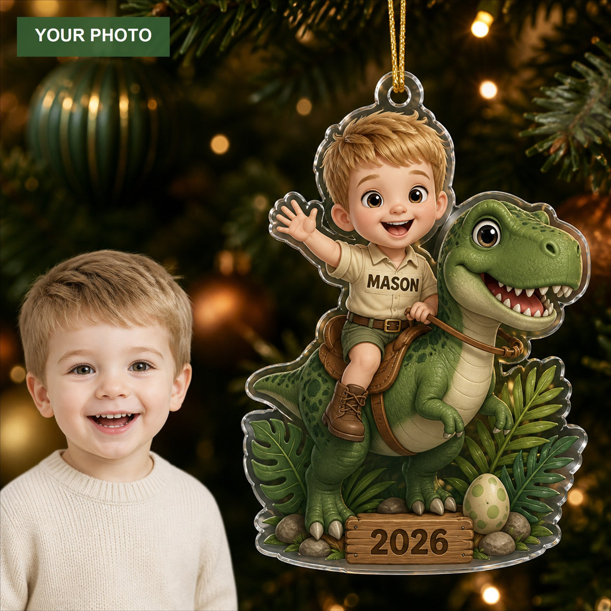 Personalized Chibi Dinosaur Adventure Photo Ornament - Custom Acrylic Christmas Keepsake - image 1