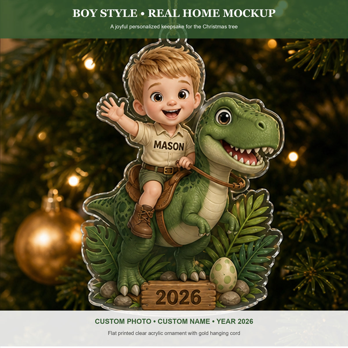 Personalized Chibi Dinosaur Adventure Photo Ornament - Custom Acrylic Christmas Keepsake - image 3
