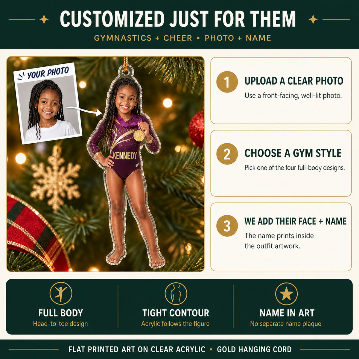 Personalized Kids Gymnastics and Cheer Photo Ornament - Custom Acrylic Christmas Keepsake - image 6
