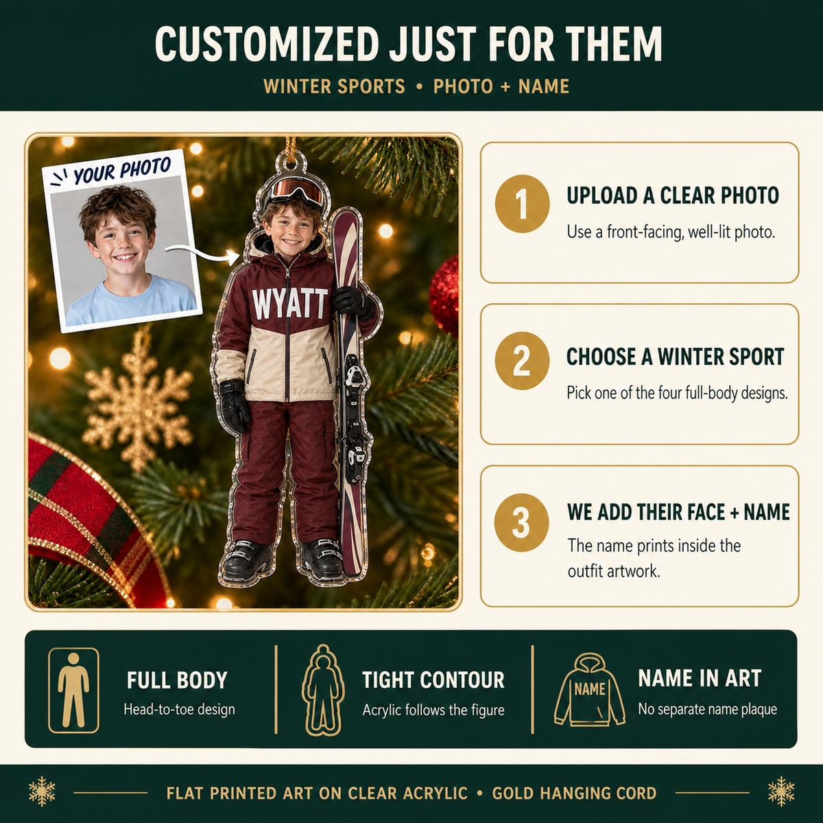 Personalized Kids Winter Sports Photo Ornament - Custom Acrylic Christmas Keepsake - image 6